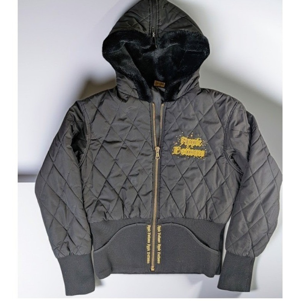 Y2K Apple Bottoms Black Quilted Puffer Jacket Women's XXL Faux Fur Hood Gold L